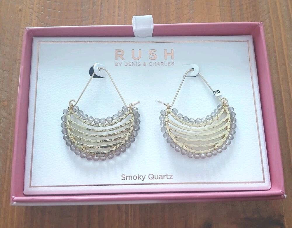 RUSH By Denis & Charles Beaded Lightweight Half-Moon Earrings Gold/Smoky Quartz